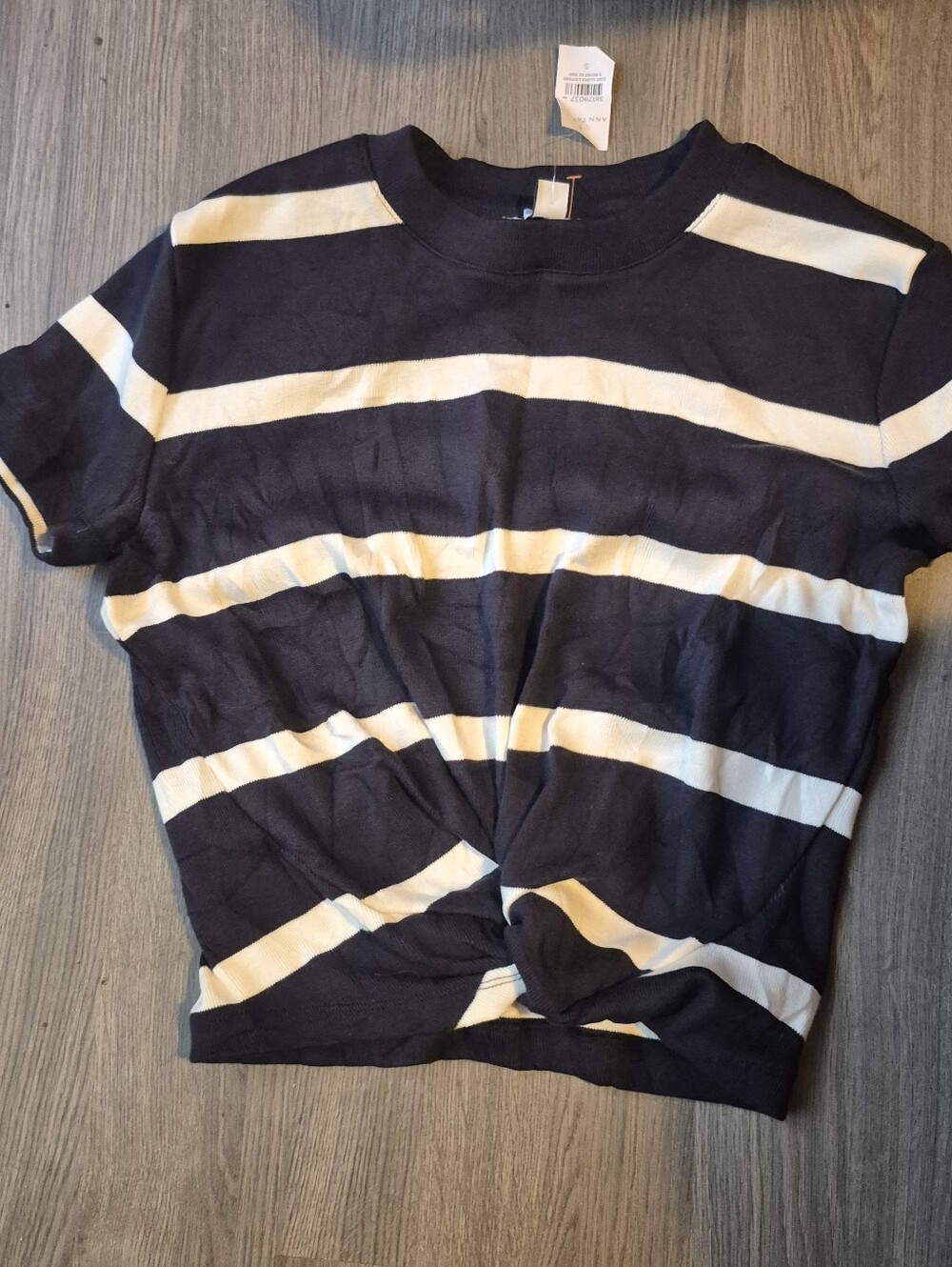 Ann Taylor Navy and White Striped Short-Sleeve Tee with Front Twist Sz.S NWT